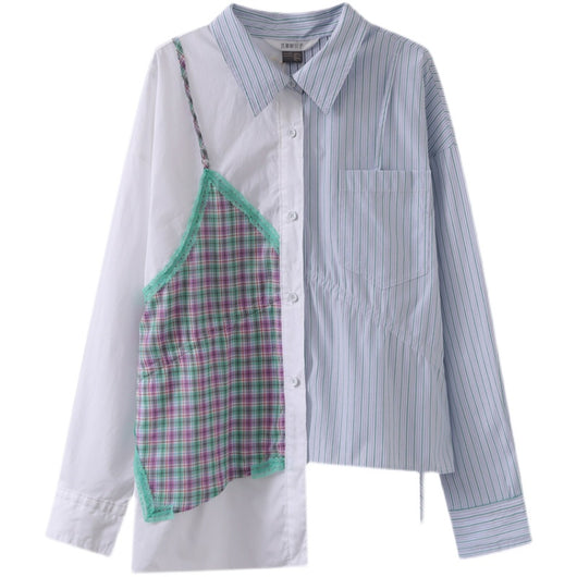 Camisa Casual de Rayas con Contraste y Doble Capa para Mujer