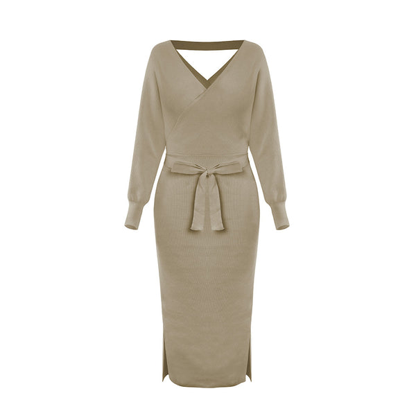 Vestido Suéter Ajustado Escote Doble V para Otoño e Invierno - Image 3