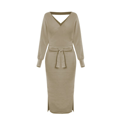 Vestido Suéter Ajustado Escote Doble V para Otoño e Invierno - Image 3