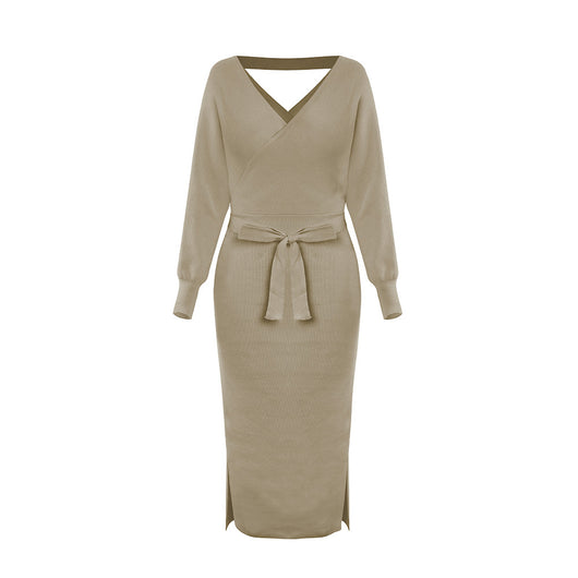 Vestido Suéter Ajustado Escote Doble V para Otoño e Invierno - Image 3