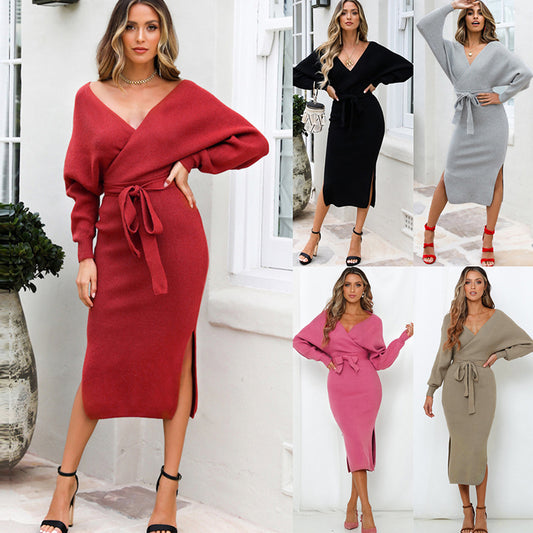 Vestido Suéter Ajustado Escote Doble V para Otoño e Invierno