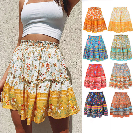 Falda Bohemia Floreada de Cintura Alta con Volantes y Pliegues en A