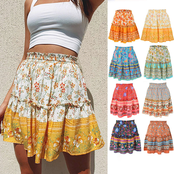 Falda Bohemia Floreada de Cintura Alta con Volantes y Pliegues en A