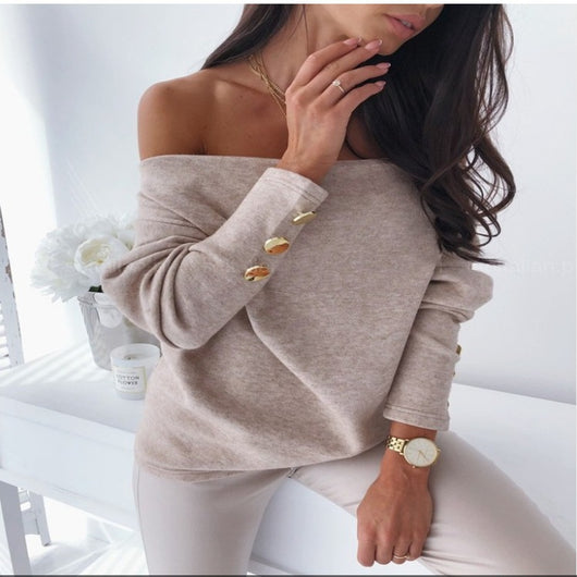 Blusa Sexy con Hombro Descubierto y Botones Decorativos - Image 5