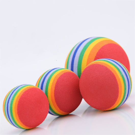 Three colorful EVA foam pet balls with rainbow stripes, 3.5cm diameter, for cats. Sold as a 10-piece lot.