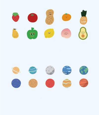 Six boxes of assorted stickers, including themes like geometry, fruits, planets, and cute characters, displayed on a white surface. - Image 13