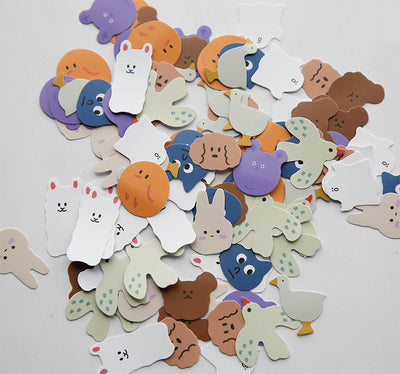 Six boxes of assorted stickers, including themes like geometry, fruits, planets, and cute characters, displayed on a white surface. - Image 4