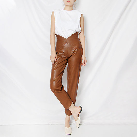 Pantalón Harem de Cuero Cropped Cintura Alta con Diseño Irregular - Image 8
