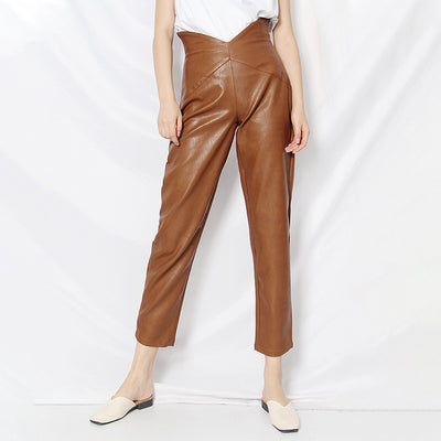 Pantalón Harem de Cuero Cropped Cintura Alta con Diseño Irregular - Image 2