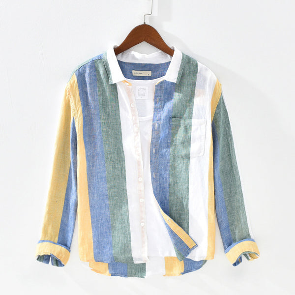 Camisa de Lino Manga Larga a Rayas con Cuello Cuadrado - Corte Holgado Fresco