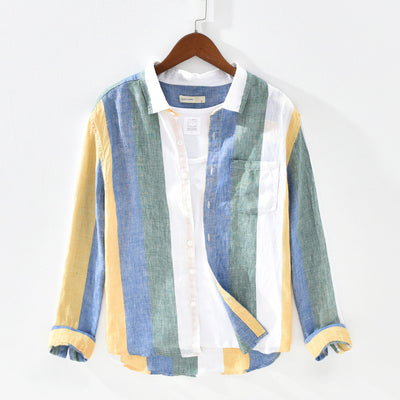 Camisa de Lino Manga Larga a Rayas con Cuello Cuadrado - Corte Holgado Fresco