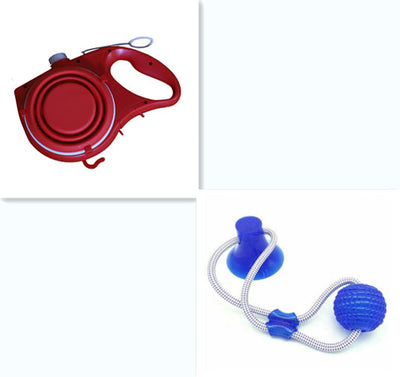 Red, black, and blue retractable dog leashes with integrated collapsible water bowls, plus a blue pet rope toy with suction cup. - Image 4