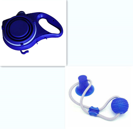 Red, black, and blue retractable dog leashes with integrated collapsible water bowls, plus a blue pet rope toy with suction cup. - Image 5