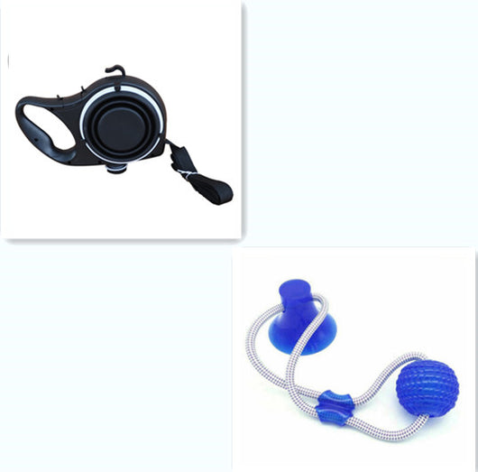Red, black, and blue retractable dog leashes with integrated collapsible water bowls, plus a blue pet rope toy with suction cup. - Image 6
