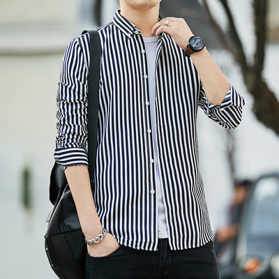 Camisa Casual Coreana de Rayas para Hombre con Manga Larga - Image 11