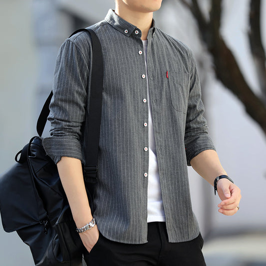 Camisa Casual Coreana de Rayas para Hombre con Manga Larga