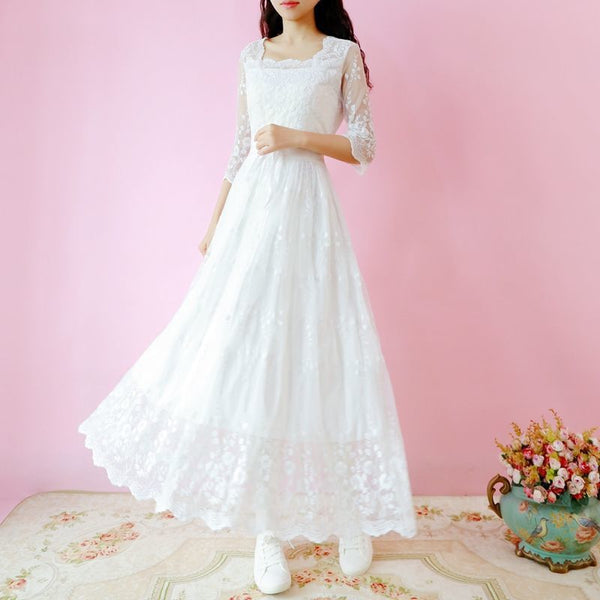 Falda Larga de Encaje Blanco Estilo Hada Vintage