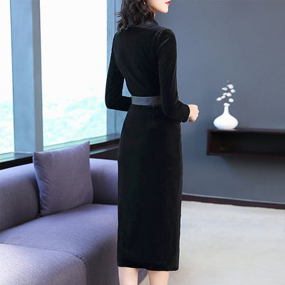 Vestido Terciopelo Dorado Ajustado con Cordones - Falda Midi Elegante Realza Caderas - Image 6