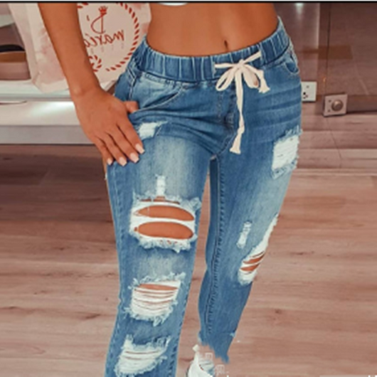 Pantalones Vaqueros Rotos Ajustados con Cintura Alta y Cordones - Image 6
