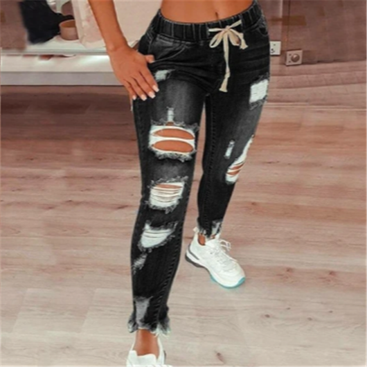 Pantalones Vaqueros Rotos Ajustados con Cintura Alta y Cordones