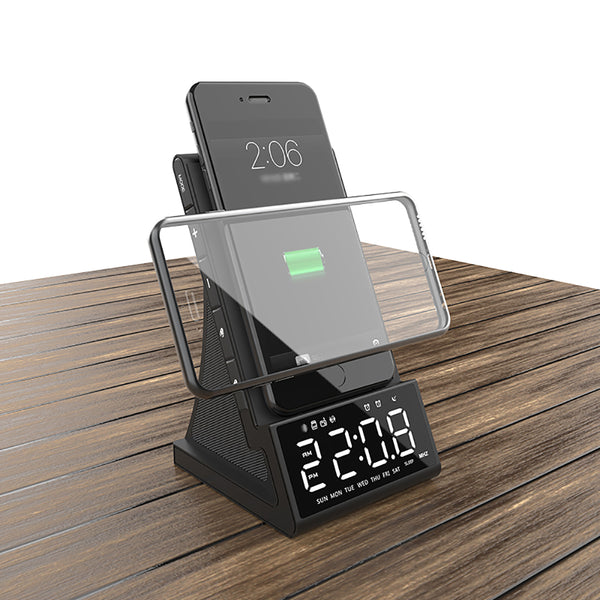 Parlante Bluetooth con Cargador Inalámbrico y Reloj Despertador LED Compatible con Apple
