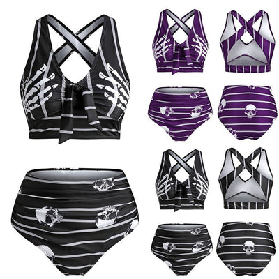 Woman in a black two-piece swimsuit with white skull and bone prints, featuring a high-waisted bottom and a bow-front top. - Image 3