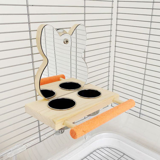 Parrot puzzle bird toy with a wooden stand, mirror, two stainless steel food cups, and an orange perching bar. - Image 7