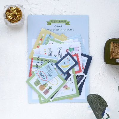 Stamp Impression Sticker Pack with various paper stickers featuring illustrations, text, and patterns, some with scalloped edges. - Image 5