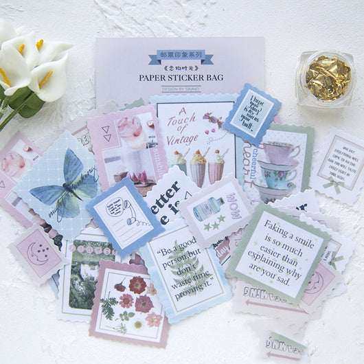 Stamp Impression Sticker Pack with various paper stickers featuring illustrations, text, and patterns, some with scalloped edges. - Image 7