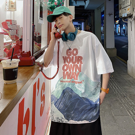 Camiseta Estampada Snow Mountain Trend Urbano - Manga Corta Hip-Hop Unisex - Image 11