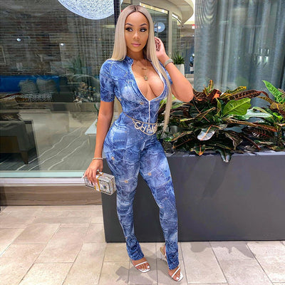 Jumpsuit Tie-Dye Denim Cuello Redondo Manga Corta - Image 7