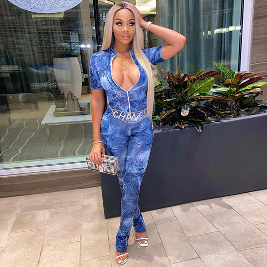 Jumpsuit Tie-Dye Denim Cuello Redondo Manga Corta - Image 8