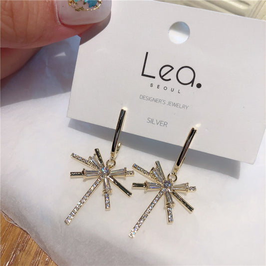 Aretes de Aguja Plateada con Borla de Fuegos Artificiales y Circonita de Personalidad