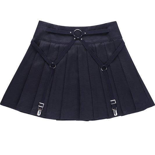 Falda Plisada Cintura Alta Estilo Punk Funcional con Anillos Metálicos