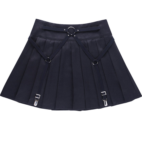 Falda Plisada Cintura Alta Estilo Punk Funcional con Anillos Metálicos