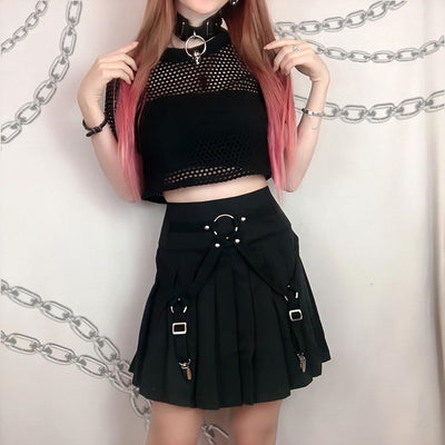 Falda Plisada Cintura Alta Estilo Punk Funcional con Anillos Metálicos - Image 4