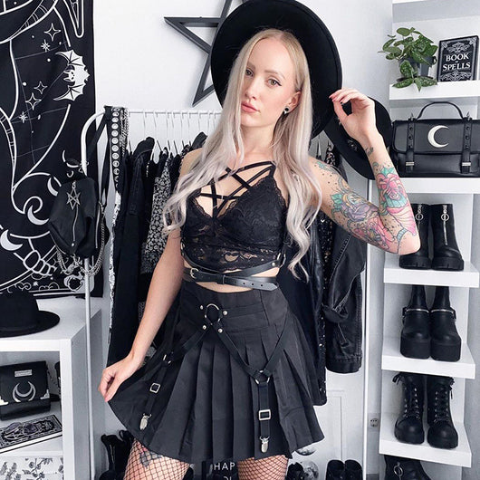 Falda Plisada Cintura Alta Estilo Punk Funcional con Anillos Metálicos - Image 6