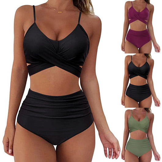 Teal wrap-around bikini top with high-waisted bottoms featuring a vibrant tropical leaf print in blue, pink, and purple. - Image 3