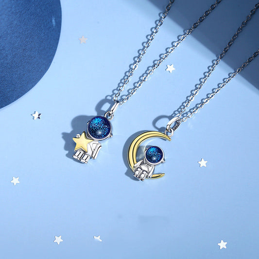 Collar de Pareja Astronauta en Plata Esterlina - Cadena para el Pecho