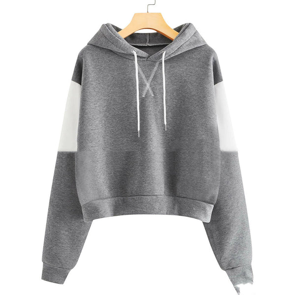 Sudadera Corta con Capucha y Bloques de Color - Top Ribbed de Manga Larga para Mujer
