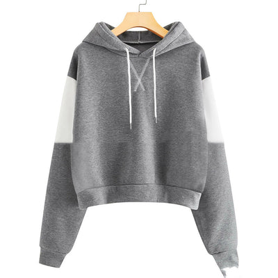 Sudadera Corta con Capucha y Bloques de Color - Top Ribbed de Manga Larga para Mujer