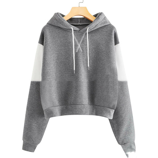 Sudadera Corta con Capucha y Bloques de Color - Top Ribbed de Manga Larga para Mujer