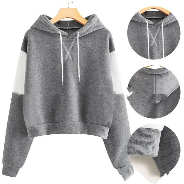 Sudadera Corta con Capucha y Bloques de Color - Top Ribbed de Manga Larga para Mujer