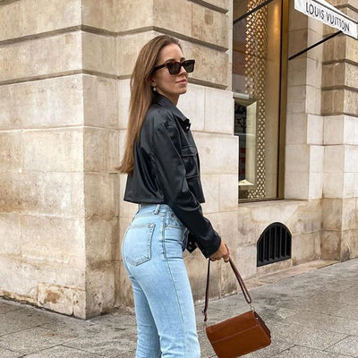 Chaqueta de Cuero Locomotora Oversized con Bolsillos Grandes y Solapa Clásica - Image 15