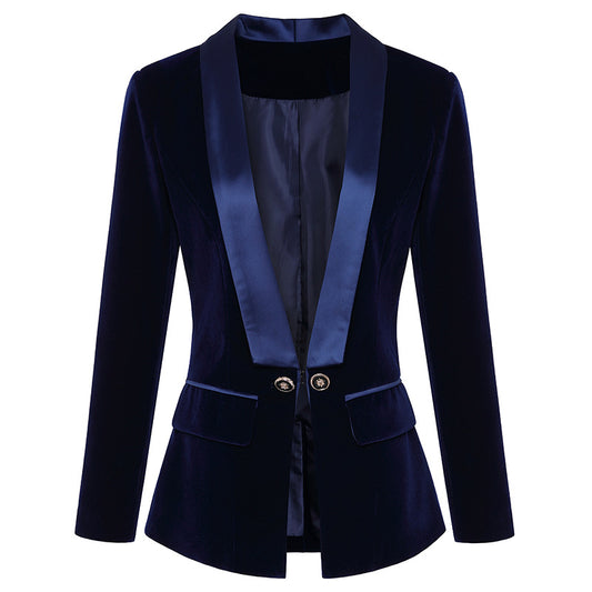 Blazer Slim de Terciopelo Verde Satinado con Cuello Fruncido para Mujer