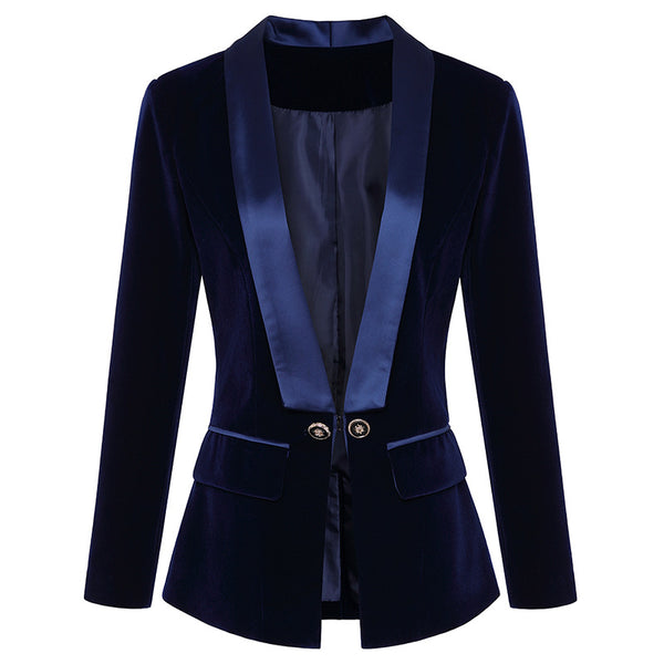 Blazer Slim de Terciopelo Verde Satinado con Cuello Fruncido para Mujer