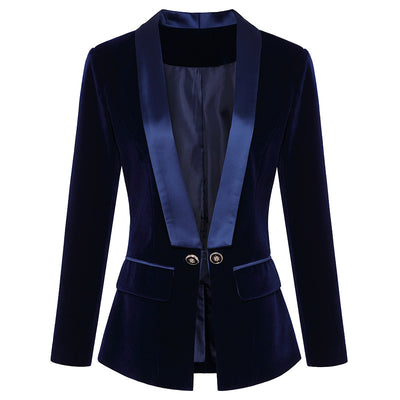 Blazer Slim de Terciopelo Verde Satinado con Cuello Fruncido para Mujer