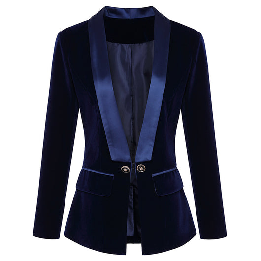 Blazer Slim de Terciopelo Verde Satinado con Cuello Fruncido para Mujer