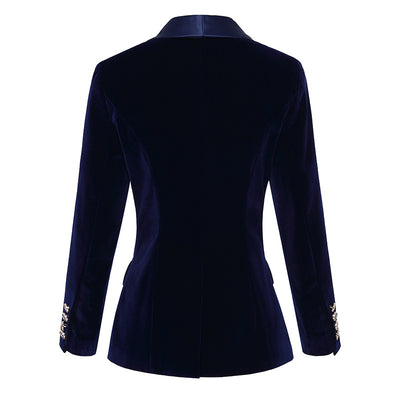 Blazer Slim de Terciopelo Verde Satinado con Cuello Fruncido para Mujer - Image 3