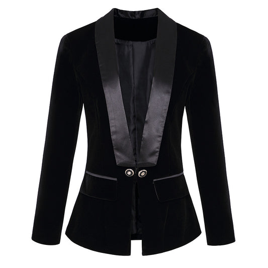 Blazer Slim de Terciopelo Verde Satinado con Cuello Fruncido para Mujer - Image 2